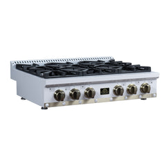 Forno Ambassador 36" Gas Cooktop, 6 Sealed Burners, 71,000 BTU Output, 1 Antique Brass Dual-Ring Burner, Continuous Cast Iron Grates - White - Left Angle - The Home Selection