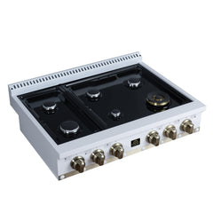 Forno Ambassador 36" Gas Cooktop, 6 Sealed Burners, 71,000 BTU Output, 1 Antique Brass Dual-Ring Burner, Continuous Cast Iron Grates - White - No Grates - The Home Selection