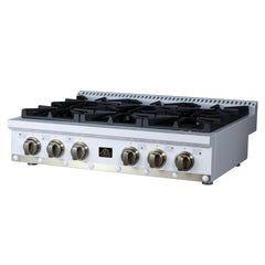 Forno Ambassador 36" Gas Cooktop, 6 Sealed Burners, 71,000 BTU Output, 1 Antique Brass Dual-Ring Burner, Continuous Cast Iron Grates - White - Right Angle - The Home Selection