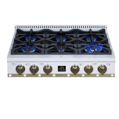 Forno Ambassador 36" Gas Cooktop, 6 Sealed Burners, 71,000 BTU Output, 1 Antique Brass Dual-Ring Burner, Continuous Cast Iron Grates - White - Top Burners Lit - The Home Selection