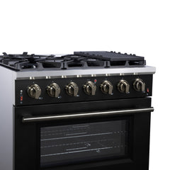 Forno Massimo 36" Freestanding Gas Range, 6 Sealed Burners, Convection Oven, Energy Efficient - Black - Left Angle Close Up - The Home Selection