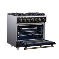 Forno Massimo 36" Freestanding Gas Range, 6 Sealed Burners, Convection Oven, Energy Efficient - Black - Left Angle Opened - The Home Selection