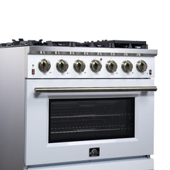 Forno Massimo 36" Freestanding Gas Range, 6 Sealed Burners, Convection Oven, Energy Efficient - White - Left Angle Close up 2 - The Home Selection