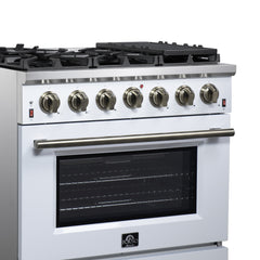Forno Massimo 36" Freestanding Gas Range, 6 Sealed Burners, Convection Oven, Energy Efficient - White - Left Angle Close up - The Home Selection