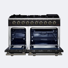 Forno Massimo 48" Freestanding Gas Range, 8 Burners, True Convection Oven - Black - Front Opened - The Home Selection
