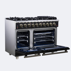 Forno Massimo 48" Freestanding Gas Range, 8 Burners, True Convection Oven - Black - Left Angle Opened - The Home Selection