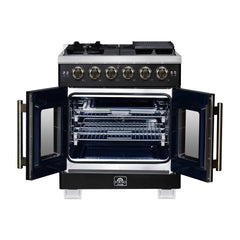 Forno Capriasca 30" Freestanding French Door Gas Range, 5 Burners, Convection Oven, Energy Efficient - Black - Front Opened - The Home Selection