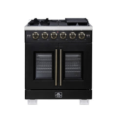 Forno Capriasca 30" Freestanding French Door Gas Range, 5 Burners, Convection Oven, Energy Efficient - Black - Front - The Home Selection