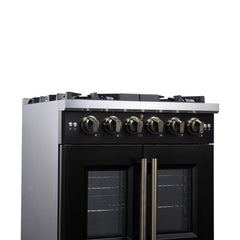 Forno Capriasca 30" Freestanding French Door Gas Range, 5 Burners, Convection Oven, Energy Efficient - Black - Left Angle Close Up 2 - The Home Selection