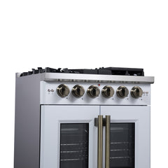 Forno Capriasca 30" Freestanding French Door Gas Range, 5 Burners, Convection Oven, Energy Efficient - White - Left Side Close Up 2 - The Home Selection