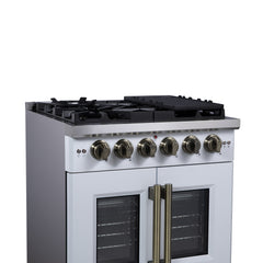 Forno Capriasca 30" Freestanding French Door Gas Range, 5 Burners, Convection Oven, Energy Efficient - White - Left Side Close Up - The Home Selection