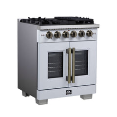 Forno Capriasca 30" Freestanding French Door Gas Range, 5 Burners, Convection Oven, Energy Efficient - White - Left Side - The Home Selection