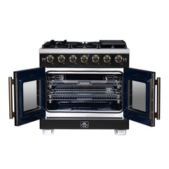 Forno Capriasca 36" Freestanding French Door Gas Range, 6 Burners, Convection Oven, Energy Efficient - Black - Front Opened - The Home Selection