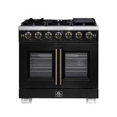 Forno Capriasca 36" Freestanding French Door Gas Range, 6 Burners, Convection Oven, Energy Efficient - Black - Front - The Home Selection