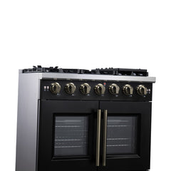 Forno Capriasca 36" Freestanding French Door Gas Range, 6 Burners, Convection Oven, Energy Efficient - Black - Left Side Close Up 2 - The Home Selection