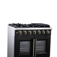 Forno Capriasca 36" Freestanding French Door Gas Range, 6 Burners, Convection Oven, Energy Efficient - Black - Left Side Close Up - The Home Selection
