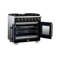 Forno Capriasca 36" Freestanding French Door Gas Range, 6 Burners, Convection Oven, Energy Efficient - Black - Left Side Opened - The Home Selection