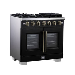 Forno Capriasca 36" Freestanding French Door Gas Range, 6 Burners, Convection Oven, Energy Efficient - Black - Left Side - The Home Selection