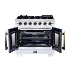 Forno Capriasca 36" Freestanding French Door Gas Range, 6 Burners, Convection Oven, Energy Efficient - White - Front Opened - The Home Selection