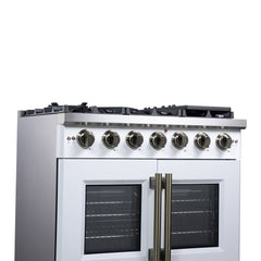 Forno Capriasca 36" Freestanding French Door Gas Range, 6 Burners, Convection Oven, Energy Efficient - White - Left Angle Close Up 2 - The Home Selection