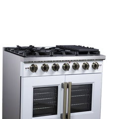 Forno Capriasca 36" Freestanding French Door Gas Range, 6 Burners, Convection Oven, Energy Efficient - White - Left Angle Close Up - The Home Selection