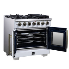 Forno Capriasca 36" Freestanding French Door Gas Range, 6 Burners, Convection Oven, Energy Efficient - White - Left Angle Opened - The Home Selection