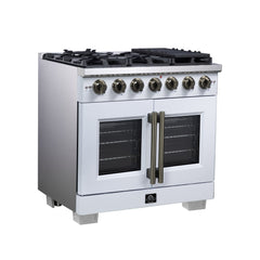 Forno Capriasca 36" Freestanding French Door Gas Range, 6 Burners, Convection Oven, Energy Efficient - White - Left Angle - The Home Selection