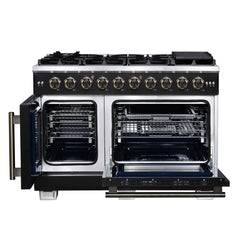 Forno Capriasca 48" Freestanding French Door Gas Range, 8 Burners, Convection Oven, Energy Efficient - Black - Front Opened - The Home Selection