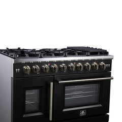 Forno Capriasca 48" Freestanding French Door Gas Range, 8 Burners, Convection Oven, Energy Efficient - Black - Left Side Close Up - The Home Selection