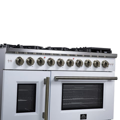Forno Capriasca 48" Freestanding French Door Gas Range, 8 Burners, Convection Oven, Energy Efficient - White - Left Angle Close Up 2 - The Home Selection