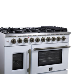 Forno Capriasca 48" Freestanding French Door Gas Range, 8 Burners, Convection Oven, Energy Efficient - White - Left Angle Close Up - The Home Selection