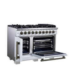 Forno Capriasca 48" Freestanding French Door Gas Range, 8 Burners, Convection Oven, Energy Efficient - White - Left Angle Opened - The Home Selection