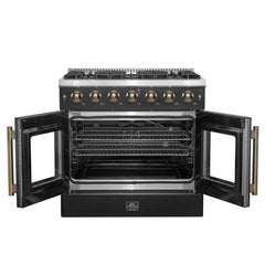 Forno Galiano 36-inch French Door Gas Range Black and Antique Brass Design, 6 Sealed Burners 83,000 BTU, 5.36 cu.ft. Convection Oven - FFSGS6444-36