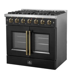 Forno Galiano 36-inch French Door Gas Range Black and Antique Brass Design, 6 Sealed Burners 83,000 BTU, 5.36 cu.ft. Convection Oven - FFSGS6444-36