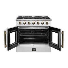Forno Galiano 36-inch French Door Gas Range Black and Antique Brass Design, 6 Sealed Burners 83,000 BTU, 5.36 cu.ft. Convection Oven - FFSGS6444-36