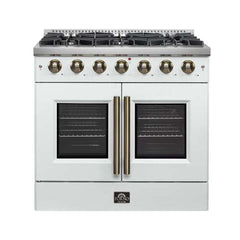 Forno Galiano 36-inch French Door Gas Range Black and Antique Brass Design, 6 Sealed Burners 83,000 BTU, 5.36 cu.ft. Convection Oven - FFSGS6444-36