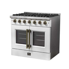 Forno Galiano 36-inch French Door Gas Range Black and Antique Brass Design, 6 Sealed Burners 83,000 BTU, 5.36 cu.ft. Convection Oven - FFSGS6444-36