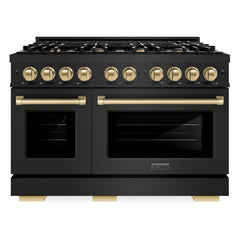 ZLINE Autograph Edition 48 in. 6.7 cu. ft. Select Double Oven Gas Range with 8 Burner Cooktop in Black Stainless Steel and Champagne Bronze Accents - HGRBZ-48-CB - The Home Selection