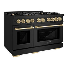 ZLINE Autograph Edition 48 in. 6.7 cu. ft. Select Double Oven Gas Range with 8 Burner Cooktop in Black Stainless Steel and Champagne Bronze Accents - HGRBZ-48-CB - The Home Selection