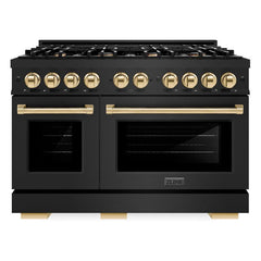 ZLINE Autograph Edition 48 in. 6.7 cu. ft. Select Double Oven Gas Range with 8 Burner Cooktop in Black Stainless Steel and Polished Gold Accents - HGRBZ-48-G - The Home Selection