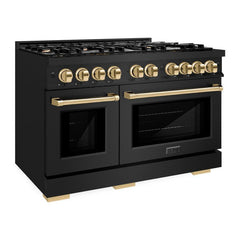 ZLINE Autograph Edition 48 in. 6.7 cu. ft. Select Double Oven Gas Range with 8 Burner Cooktop in Black Stainless Steel and Polished Gold Accents - HGRBZ-48-G - The Home Selection