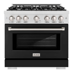 ZLINE 36 in. 5.2 cu. ft. Select Dual Fuel Range with 6 Burner Gas Cooktop and Electric Convection Oven in DuraSnow® Stainless Steel with Black Matte Door - HDRS-BLM-36 - The Home Selection