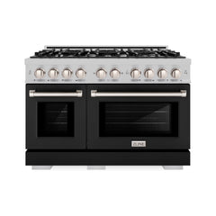 ZLINE 48 in. 6.7 cu. ft. Select Double Oven Gas Range with 8 Burner Cooktop in Satin Stainless Steel with Black Matte Doors - HGRS-BLM-48 - The Home Selection