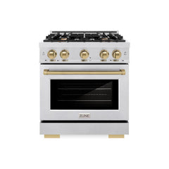 ZLINE Autograph Edition 30 in. 4.2 cu. ft. Select Dual Fuel Range with 4 Burner Gas Cooktop and Electric Convection Oven in Satin Stainless Steel with Champagne Bronze Accents - HDRSZ-30-CB - The Home Selection