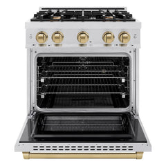 ZLINE Autograph Edition 30 in. 4.2 cu. ft. Select Dual Fuel Range with 4 Burner Gas Cooktop and Electric Convection Oven in Satin Stainless Steel with Champagne Bronze Accents - HDRSZ-30-CB - The Home Selection