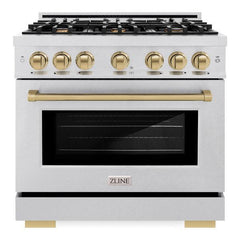 ZLINE Autograph Edition 36 in. 5.2 cu. ft. Select Dual Fuel Range with 6 Burner Gas Cooktop and Electric Convection Oven in DuraSnow® Stainless Steel with Champagne Bronze Accents - HDRSZ-36-CB - The Home Selection