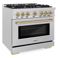 ZLINE Autograph Edition 36 in. 5.2 cu. ft. Select Dual Fuel Range with 6 Burner Gas Cooktop and Electric Convection Oven in DuraSnow® Stainless Steel with Champagne Bronze Accents - HDRSZ-36-CB - The Home Selection