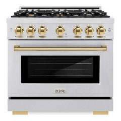ZLINE Autograph Edition 36 in. 5.2 cu. ft. Select Gas Range with 6 Burner Cooktop and Convection Gas Oven in DuraSnow® Stainless Steel and Polished Gold Accents - HGRSZ-36-G - The Home Selection