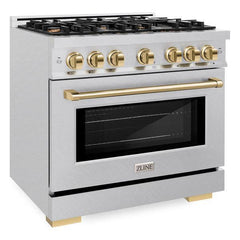 ZLINE Autograph Edition 36 in. 5.2 cu. ft. Select Gas Range with 6 Burner Cooktop and Convection Gas Oven in DuraSnow® Stainless Steel and Polished Gold Accents - HGRSZ-36-G - The Home Selection