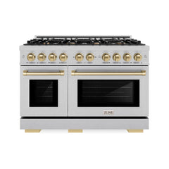 ZLINE Autograph Edition 48 in. 6.7 cu. ft. Select Double Oven Gas Range with 8 Burner Cooktop in Satin Stainless Steel and Champagne Bronze Accents - HGRSZ-48-CB - The Home Selection